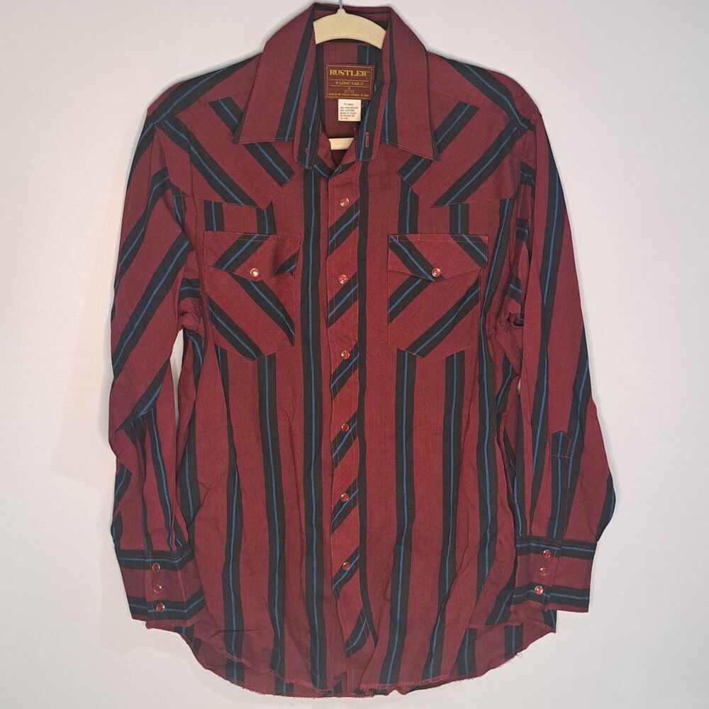 Rustler X-Long Tails Red Pearl Snap Western Wear Shirt Size 16 - 32/33 Vintage